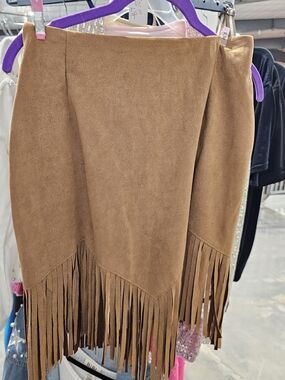 Suede Fringe A-Line Skirt - Brown